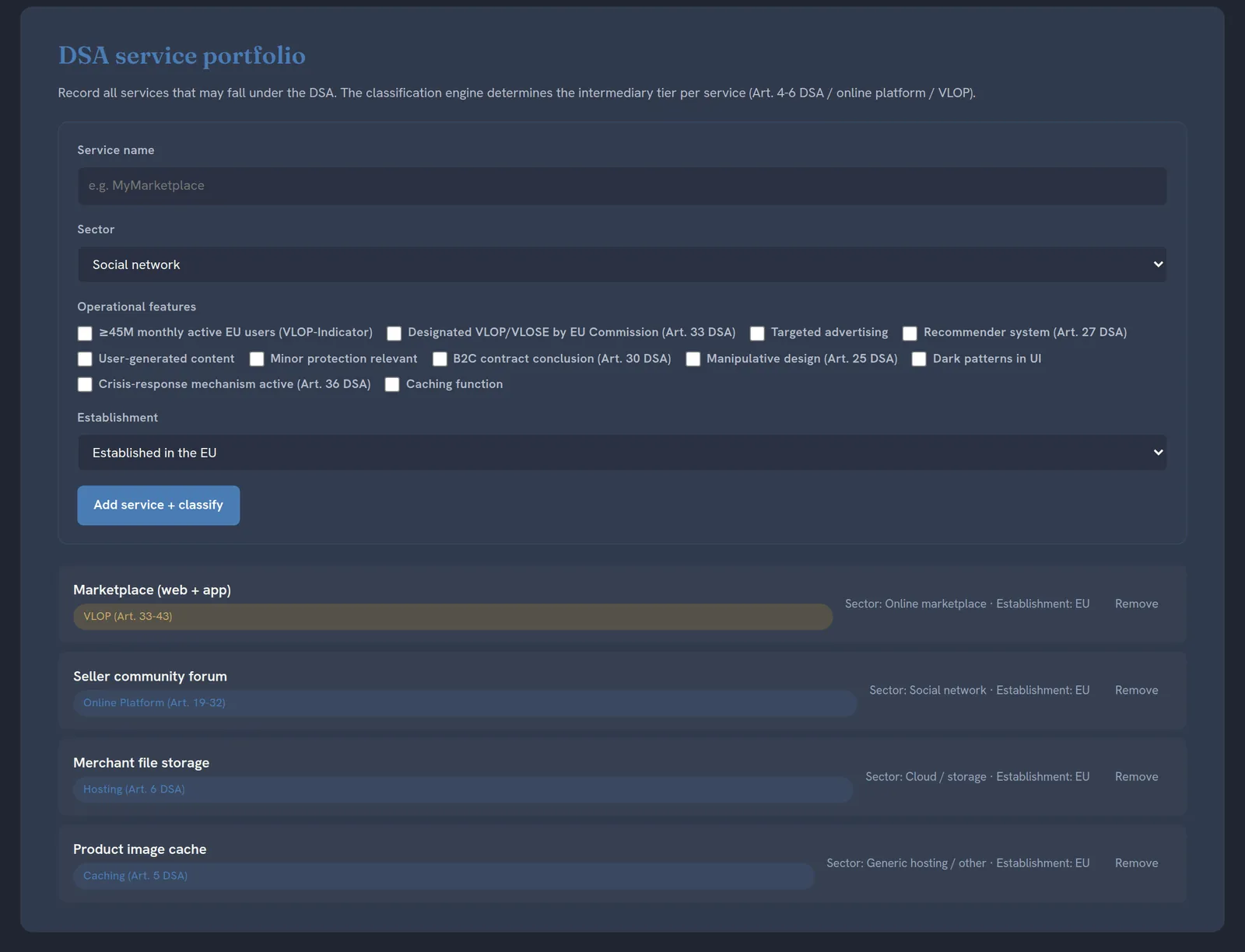 The suite DSA service portfolio, dark theme: the add-service form and four services of one marketplace with tier chips VLOP (Art. 33-43), Online Platform (Art. 19-32), Hosting (Art. 6 DSA) and Caching (Art. 5 DSA)