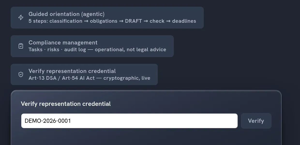 The suite representation-credential check, dark theme: buttons for guided orientation, compliance management and credential verification, above a Verify representation credential panel with the demo ID DEMO-2026-0001 and a Verify button.