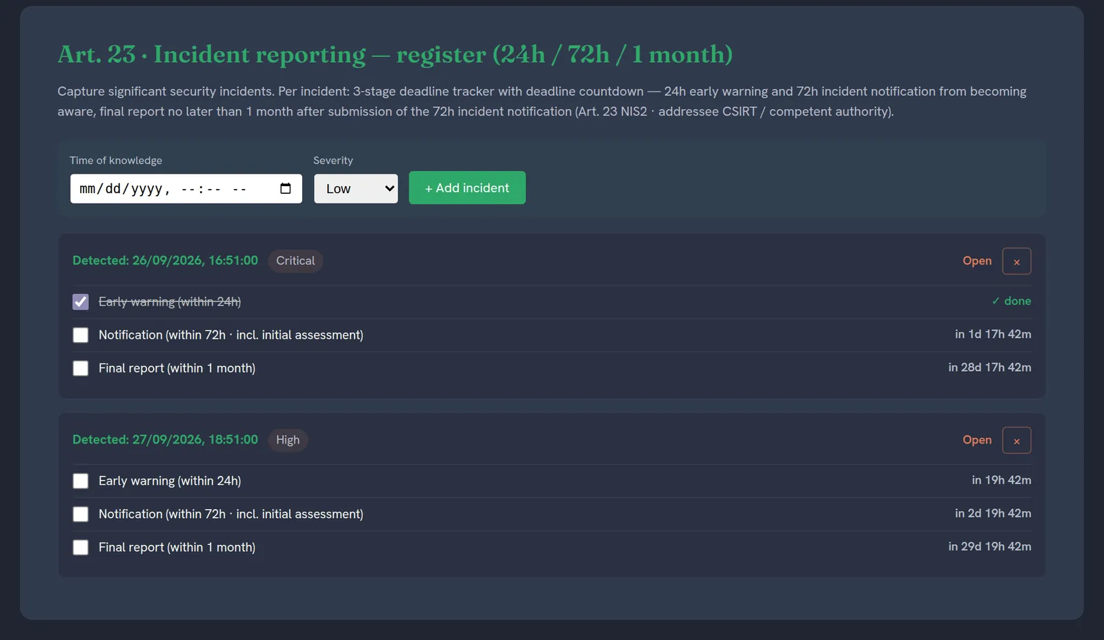 The suite NIS2 incident register, dark theme: two synthetic incidents marked Critical and High, each with the Art. 23 stages early warning (24h), notification (72h) and final report (1 month); on the first, the early warning is ticked done, the other stages count down