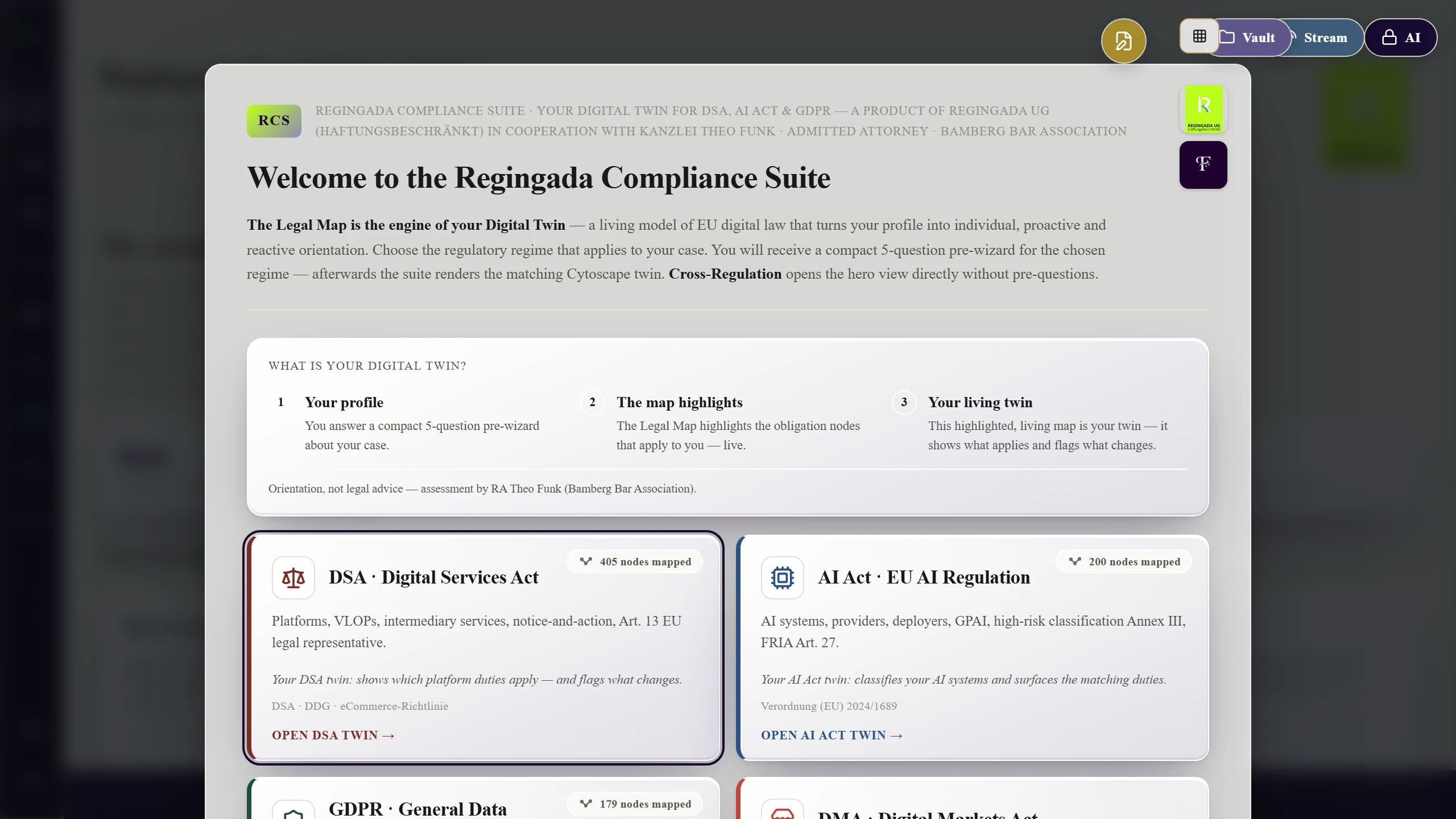 Regingada Compliance Suite welcome screen — 'What is your Digital Twin?' with the three steps (your profile, the map marks, your living twin) and the per-regime twin cards